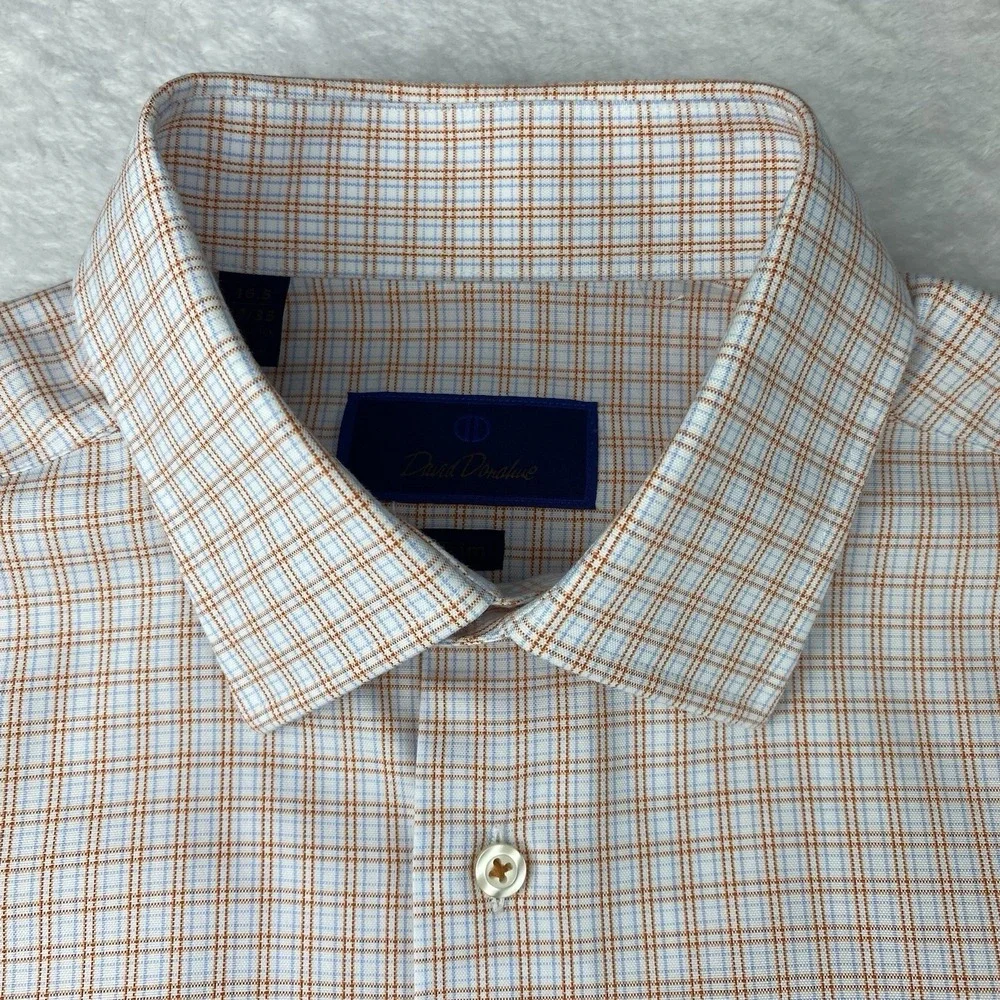 David Donahue Dress Shirt Mens 16.5-34/35 Orange/Blue Checks Trim Fit